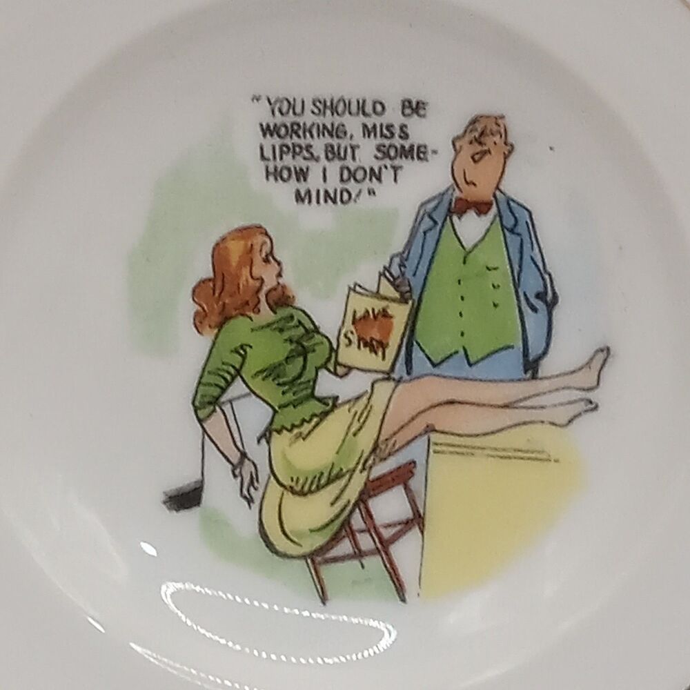 Boss and Secretary Office Humor 5" Round Ash Tray Vtg Gold Trim